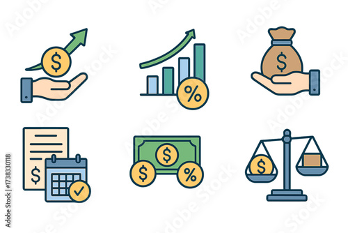 Financial management icon set. Concepts of income increase strategy, high return on investment, fund raising, revenue growth, interest rate, loan installment, budget balance.