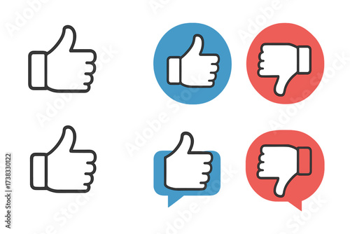 Like and dislike icon set. Thumbs up and thumbs down symbol collection. Social media feedback buttons. Vector graphic elements for web, app, UI, UX and infographics.
