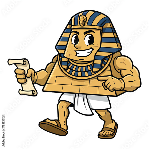 Cartoon pharaoh character holding a scroll in a playful pose