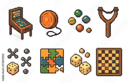 Retro pixel toys: pinball, yo-yo, marbles, slingshot, jacks, puzzle, dice, checkers