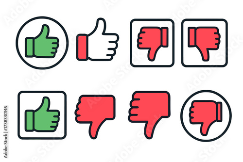 Like and dislike icons collection set. Thumbs up and thumbs down. User feedback, rating, and review symbols. Yes and no buttons. Modern vector graphic elements for web design.