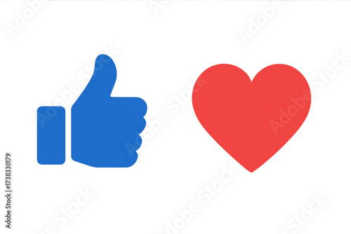 Like and heart icons vector set. Thumbs up and love symbol for social media. Flat illustration of approval, favorite, and feedback reaction buttons for web and mobile app UI.