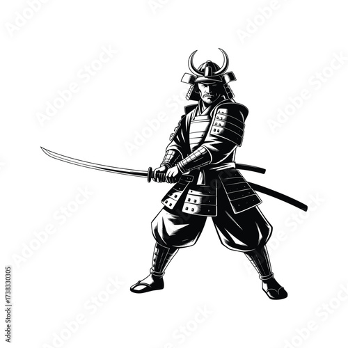 Japanese samurai warrior in traditional armor holding a katana ready for battle