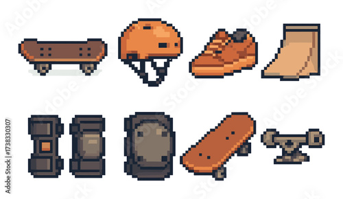 Pixel art skateboard gear set: helmets, shoes, and ramps