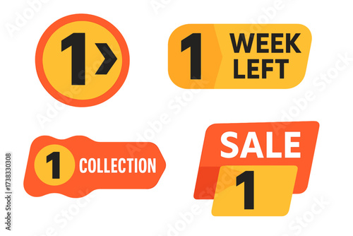 Sale countdown banner set with number 1. One week left promotional sticker collection. Marketing label for landing page. Advertising badge vector graphic element for web.