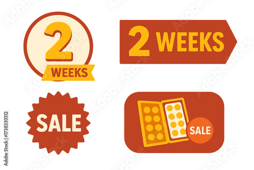Two weeks sale vector icon set. Countdown timer badge. 2 weeks left sticker collection. Promo banner for landing page. Pharmacy pills treatment course promotion illustration.