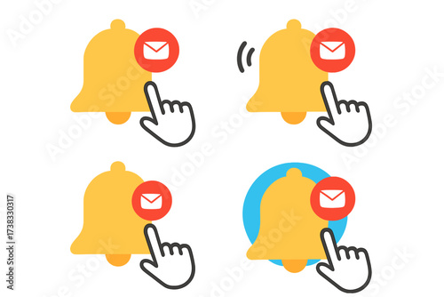 Notification bell vector icon set. Hand cursor clicks on subscribe button for new email message alert. Incoming inbox reminder, ringing bell symbol. Modern flat design UI element.