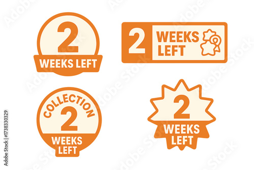 2 Weeks Left sale countdown badges. Collection of vector promo stickers for landing page banner. Limited time offer announcement labels. Final call marketing graphic set.