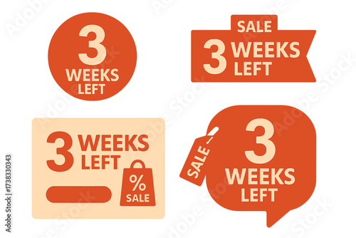 Three weeks left sale countdown sticker pack. Collection of promotional badges and web banners for marketing. E-commerce landing page elements for final discount offer timer. Vector set.