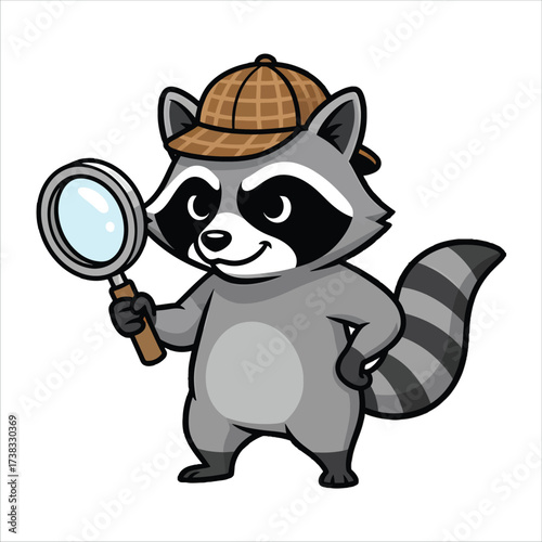 Cartoon raccoon detective wearing a hat and holding a magnifying glass on white background