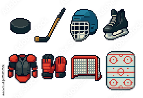 Pixel art ice hockey equipment set with helmet, stick, and rink