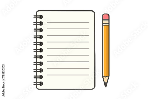 Spiral notebook with pencil vector illustration. Blank lined paper for notes, drawing, or list-making. School and office supply concept for education, planning, or journaling.