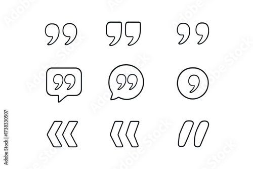 Quote marks icon set vector. Quotation mark, speech mark, and inverted comma collection. Line art illustration for dialogue, citation, or comments. Isolated on white.
