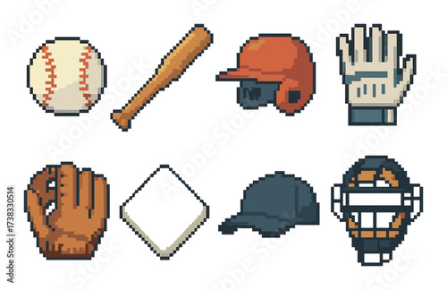 Pixel art baseball equipment set: bat, helmet, gloves, base, cap, catcher's mask