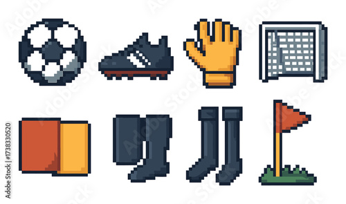 Pixel art soccer icons: ball, shoes, glove, goal, cards, boots, flag