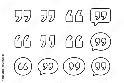 Quotes icon vector set. Quotemarks outline, speech marks, and inverted commas collection. Talking marks and citation symbols in a speech bubble. Vector line art illustration.