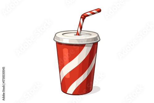 Red striped paper cup with straw. Vector illustration of a fast food soda drink. Takeaway beverage icon for cinema or party. Isolated soft drink, cola in a disposable cup.