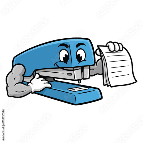 A blue cartoon stapler holding papers with a cheerful expression on a white background