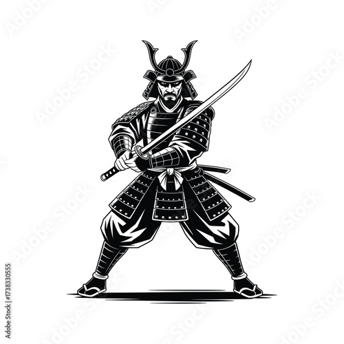 Fierce warrior samurai warrior in traditional armor holding katana sword ready for battle