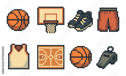 Pixel art basketball icons: ball, hoop, shoes, jersey, shorts, court, whistle