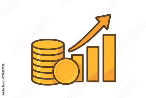 Financial growth concept. Money graph up. Investment return. Business success chart. Rising arrow and coin stack. Profit, income, revenue increase. Economy. Savings. Wealth.