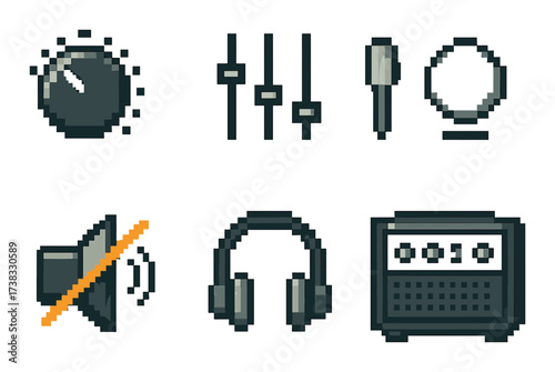 Pixel art audio icons: volume, mixer, microphone, sound, headphones, amplifier