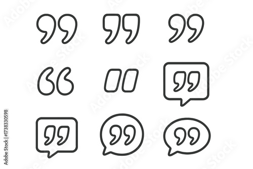 Quote marks icon vector set. Quotation mark outline collection. Speech marks, inverted commas, talking marks symbols. Line art for communication, dialogue, citation concept.