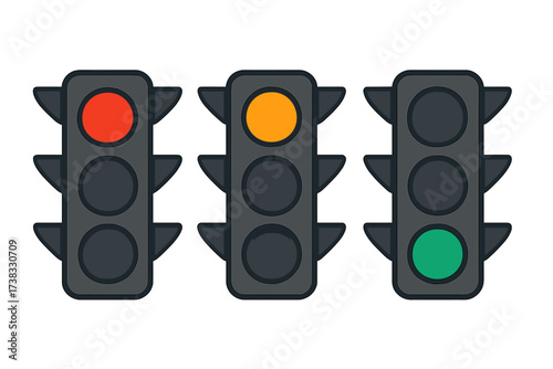 Traffic light set vector illustration. Red, yellow, green lights. Stoplight signal icon for transportation. Concept of traffic control, safety, regulation, stop, wait, go.