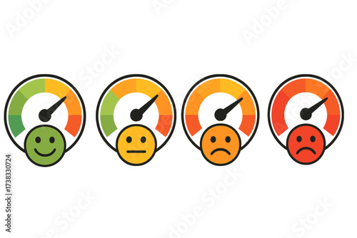 Rating scale satisfaction meter. Level of satisfaction emoticon. Good and bad review feedback. Speedometer design icon set for customer survey. Performance indicator.