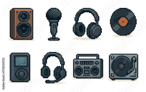 Retro audio equipment icons: speakers, microphone, headphones, vinyl, boombox, turntable