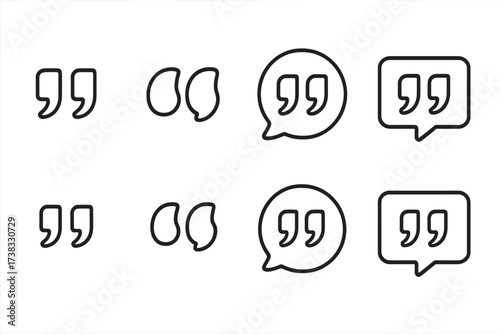 Quotes icon vector collection. Quotemarks outline and speech marks. Inverted commas or talking marks set. Line art illustration for citation, dialogue, and testimonial.