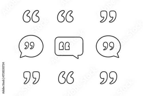 Quotes icon vector set. Quotemarks outline, speech marks, and inverted commas collection. Talking marks for citation, message, and comment. Line art illustration isolated.