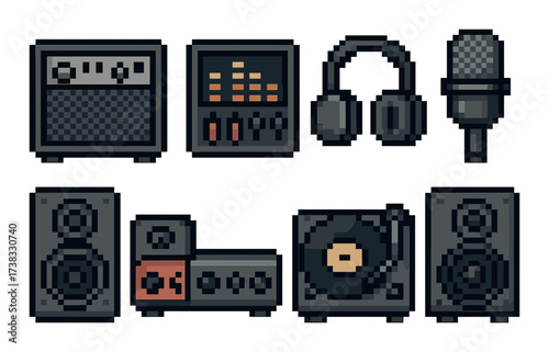 Retro pixel art audio equipment set featuring turntable, mixer, headphones, and microphone