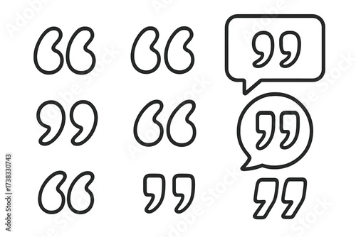 Vector quote marks icon set. Collection of outline quotemarks, speech marks, inverted commas. Dialogue and citation symbols for testimonials. Speech bubble line art illustration.