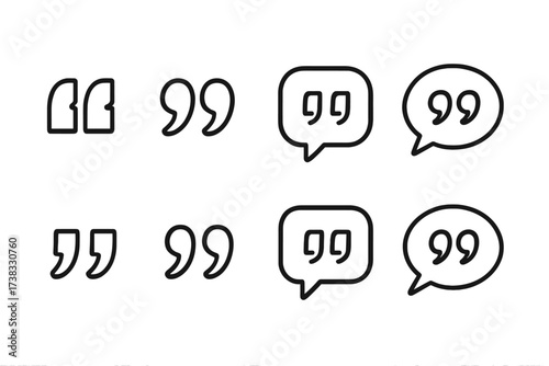 Quotes icon vector set. Quotemarks outline and speech marks collection. Inverted commas or talking marks symbols in speech bubbles. Line art illustration for communication.
