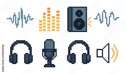 Pixel art audio equipment: microphone headphones speakers sound waves