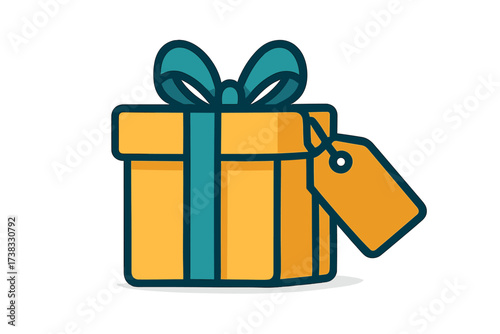 Vector gift box icon. Present with ribbon and price tag. Surprise for birthday, holiday, christmas. Celebration, anniversary gift. Shopping, sale, bonus or loyalty reward.