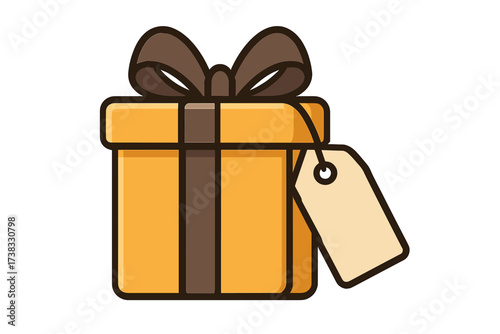 Gift box vector icon illustration. Present with ribbon bow and blank tag. Concept for birthday, Christmas, holiday, celebration, surprise, anniversary, shopping, sale, promotion.