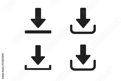 Download icon set. Vector data transfer symbols. Arrow down signs for UI and UX web design. Graphic element collection for saving and installing. Pictogram button.