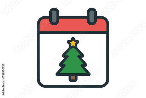 Christmas calendar icon vector illustration. Holiday date with Christmas tree symbol. Winter season event reminder. Xmas schedule graphic for December 25th celebration design.