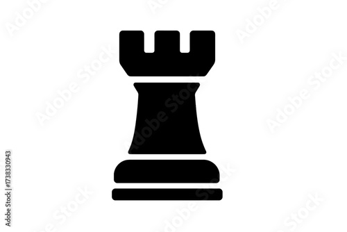 Rook chess piece vector icon. Castle silhouette for board game strategy. Black figure symbol for competition, tournament, and tactics. Isolated clip art for graphic design.