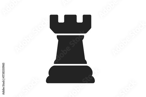 Rook chess piece vector icon. Castle silhouette. Strategy game. Business metaphor. Strategic planning, tactic, power, strength, defense symbol. Board game element. Fortress graphic.