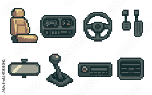 Retro pixel art car dashboard elements: steering wheel, gear shift, pedals, speedometer, seat