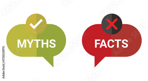 Myths vs Facts. Debunk. A modern vector icon set of two colorful speech bubbles for a true or false quiz, a fact-checking social media post, or an educational presentation graphic.