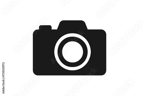 Camera icon vector graphic illustration. Simple black photo camera silhouette for photography logo or symbol. Digital picture sign for website and mobile app. Minimalist design.