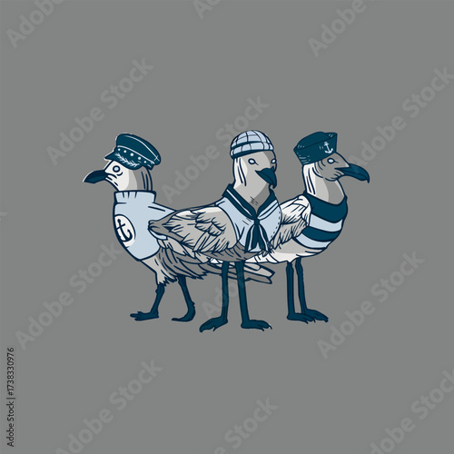A digital illustration of three anthropomorphic seagulls dressed in nautical clothing, each wearing a different sailor hat.