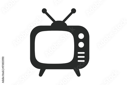 Retro vintage TV icon silhouette, classic television vector illustration with antennas, old-fashioned broadcast device symbol, minimalist media screen graphic, technology and entertainment concept
