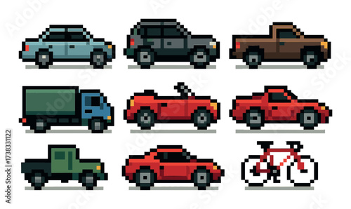 Pixel art vehicles collection: cars, trucks, and bicycle on gradient background