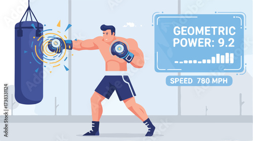 Smart Boxing Gloves Punch Power and Speed Analysis Vector Illustration. Wide Landscape Boxer Training with Sensor Data