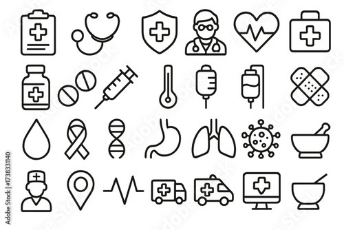Medical and health care line icon set. Vector illustration for web and infographic. Includes doctor, ambulance, pharmacy, hospital, cardiology, virus, lungs, and dna symbol.